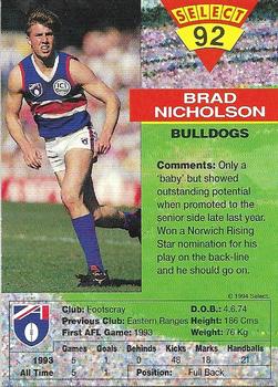 1994 Select AFL #92 Brad Nicholson Back